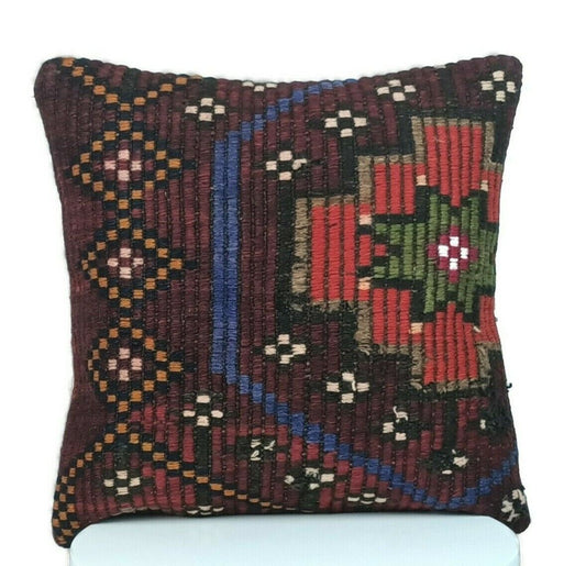 Handmade Turkish Kilim Pillow Cover 16x16 Vintage Rug Tribal Lumbar Cushion E180