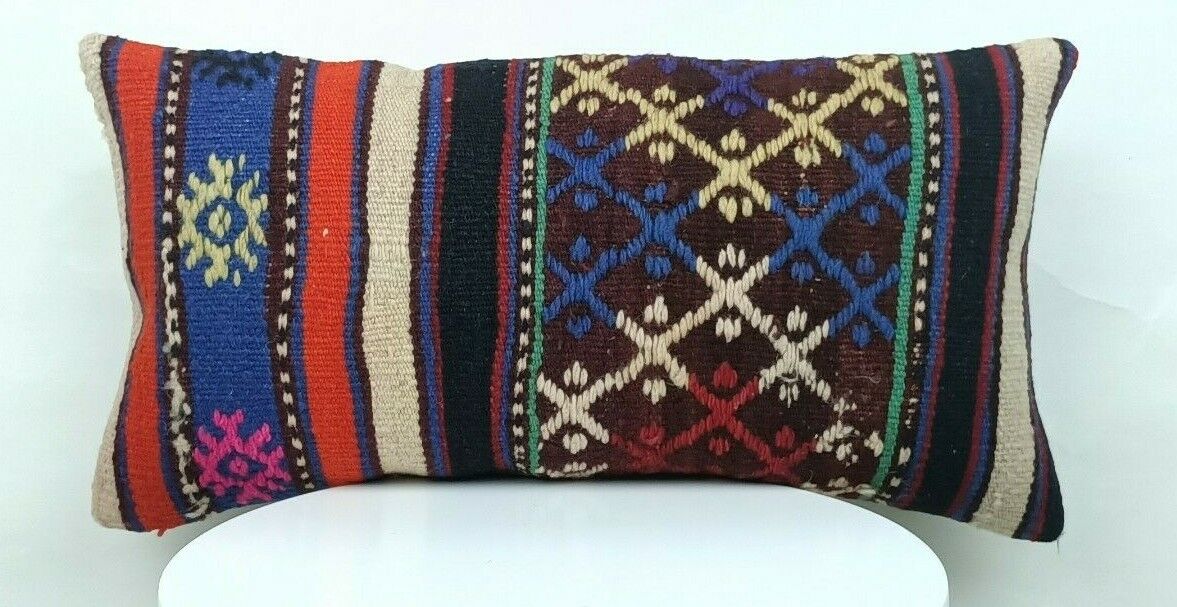 Kilim Pillow Cover 10x20 Handmade Vintage Oushak Rug Ottoman Lumbar Cushion E431