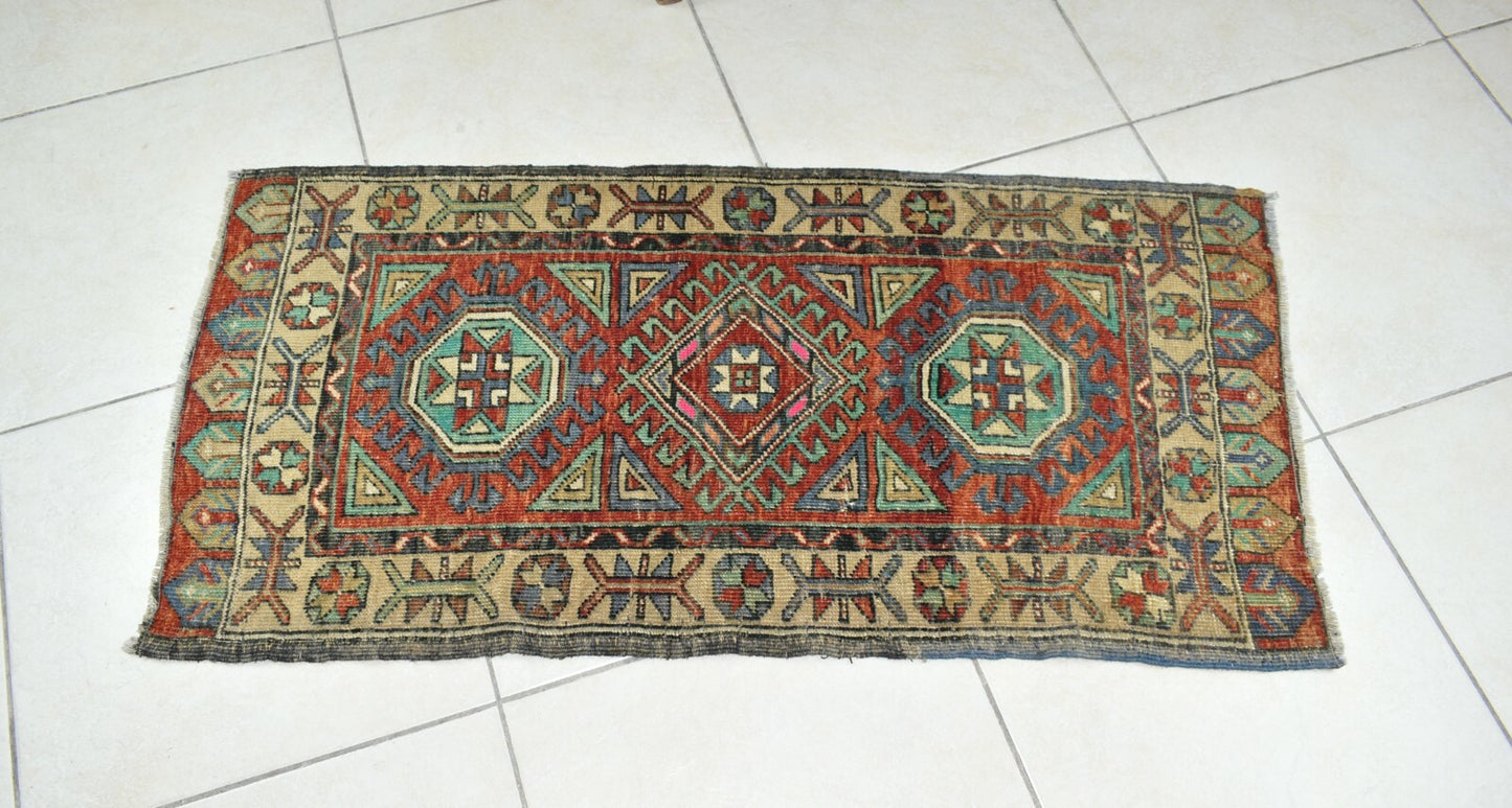 Oushak Runner 3.6x1.8 ft Vintage Turkish Rug Small Runner Anatolian Rug Y51