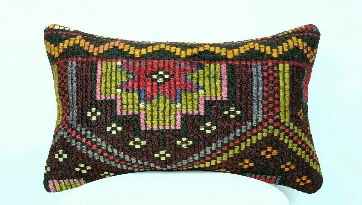 12x20 Kilim Pillow Cover Handmade Traditional Turkish Wool Lumbar Cushion E513