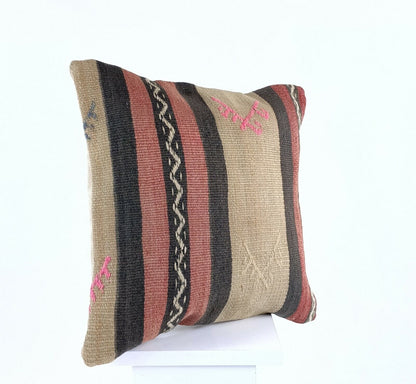 Kilim Pillow Cover 16x16 Anatolian Traditonal Wool Boho Sofa Lumbar Cushion A593