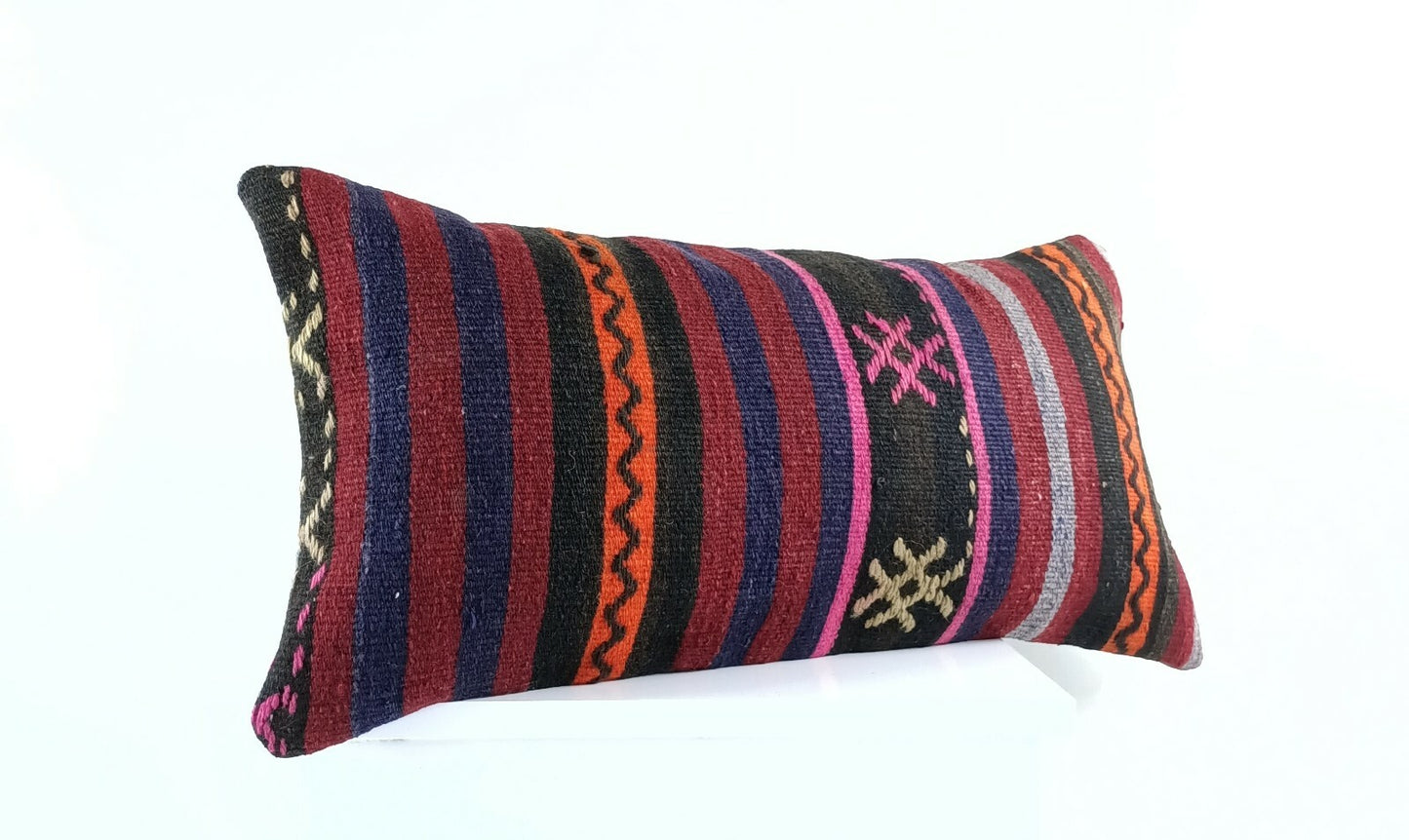 Kilim Lumbar Pillow Cover 12"x24" Handmade Oushak Traditional Ethnic Boho E912