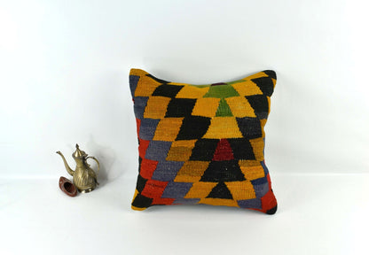 18"x18" Kilim Pillow Cover  Handmade Turkish Vintage Cushion Tribal Lumbar 3401