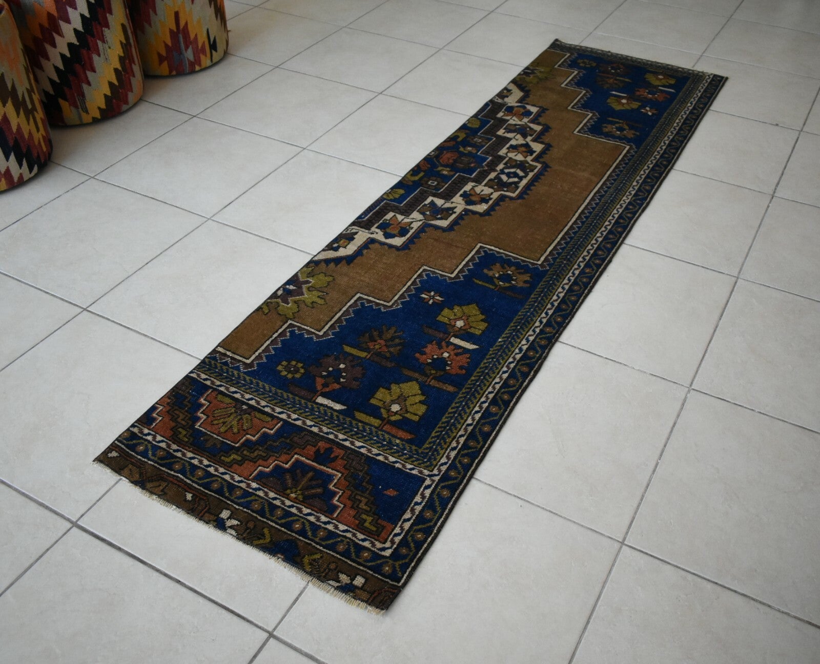 Vintage Runner 7.4x2 ft Oushak Runner Anatolian Rug Faded Turkish Runner R08