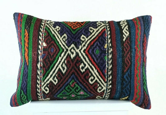 Oriental Ottoman Lumbar Pillow Cover 16x24 Handknotted Turkish Rug Cushion E1255