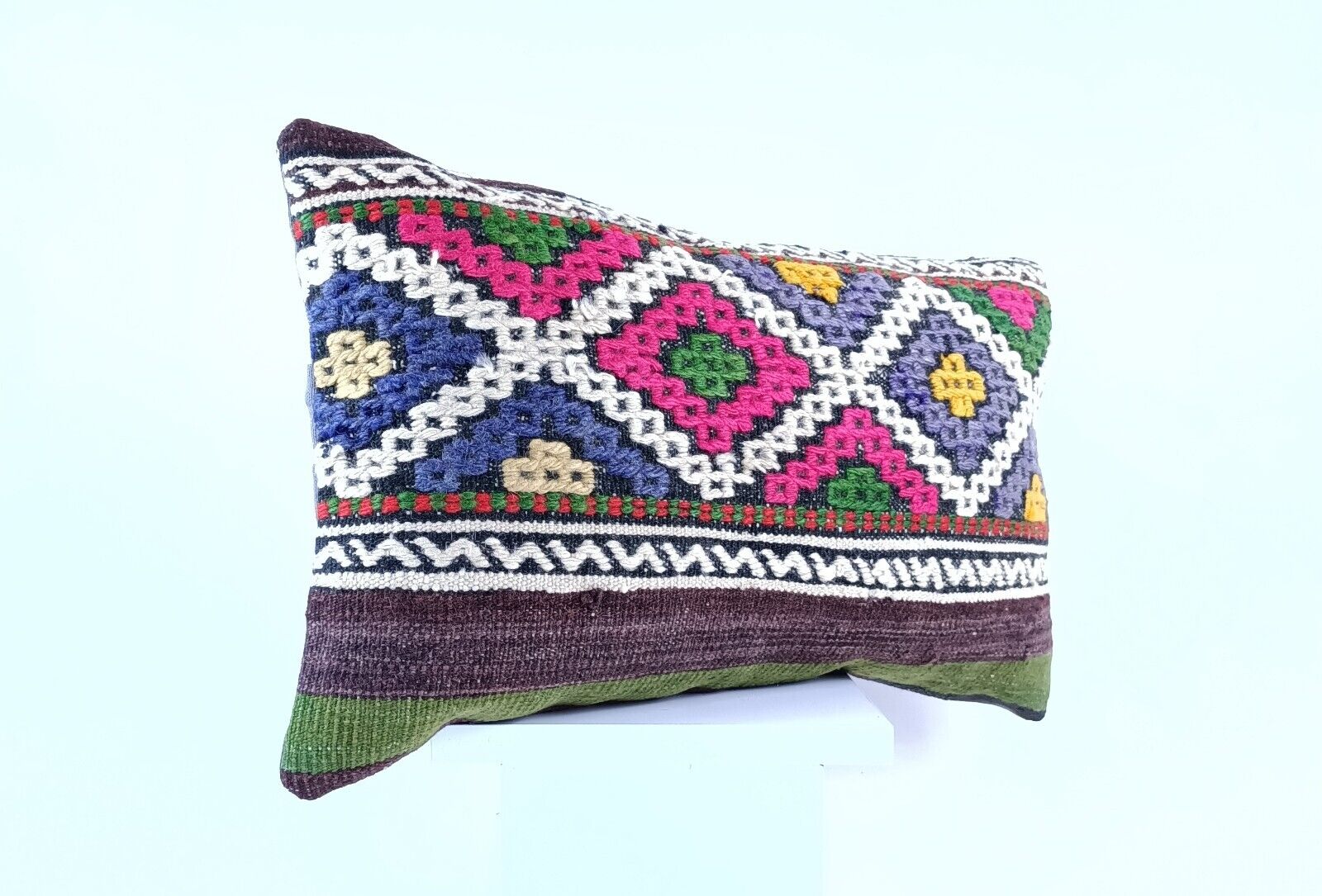 Kilim Pillow Cover 12x20 Handmade Turkish Rug Boho Ethnic Lumbar Cushion 1934