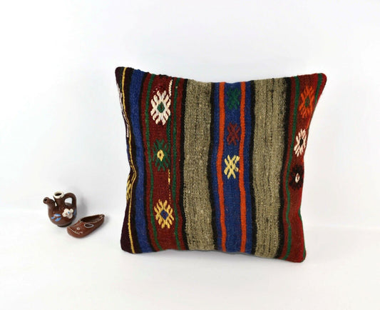 Kilim Pillow Cover 16x16 Decorative Vintage Oushak Kilim Cushion Cover A3094