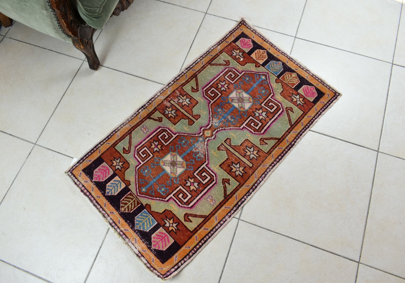 Turkish Runner 3.3x1.8 ft Vintage Small Rug Oushak Runner Anatolian Mini Rug Y62