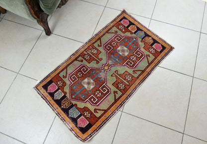 Turkish Runner 3.3x1.8 ft Vintage Small Rug Oushak Runner Anatolian Mini Rug Y62
