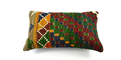 Kilim Pillow Cover 12x20 Handmade Turkish Rug Boho Ethnic Lumbar Cushion 3297