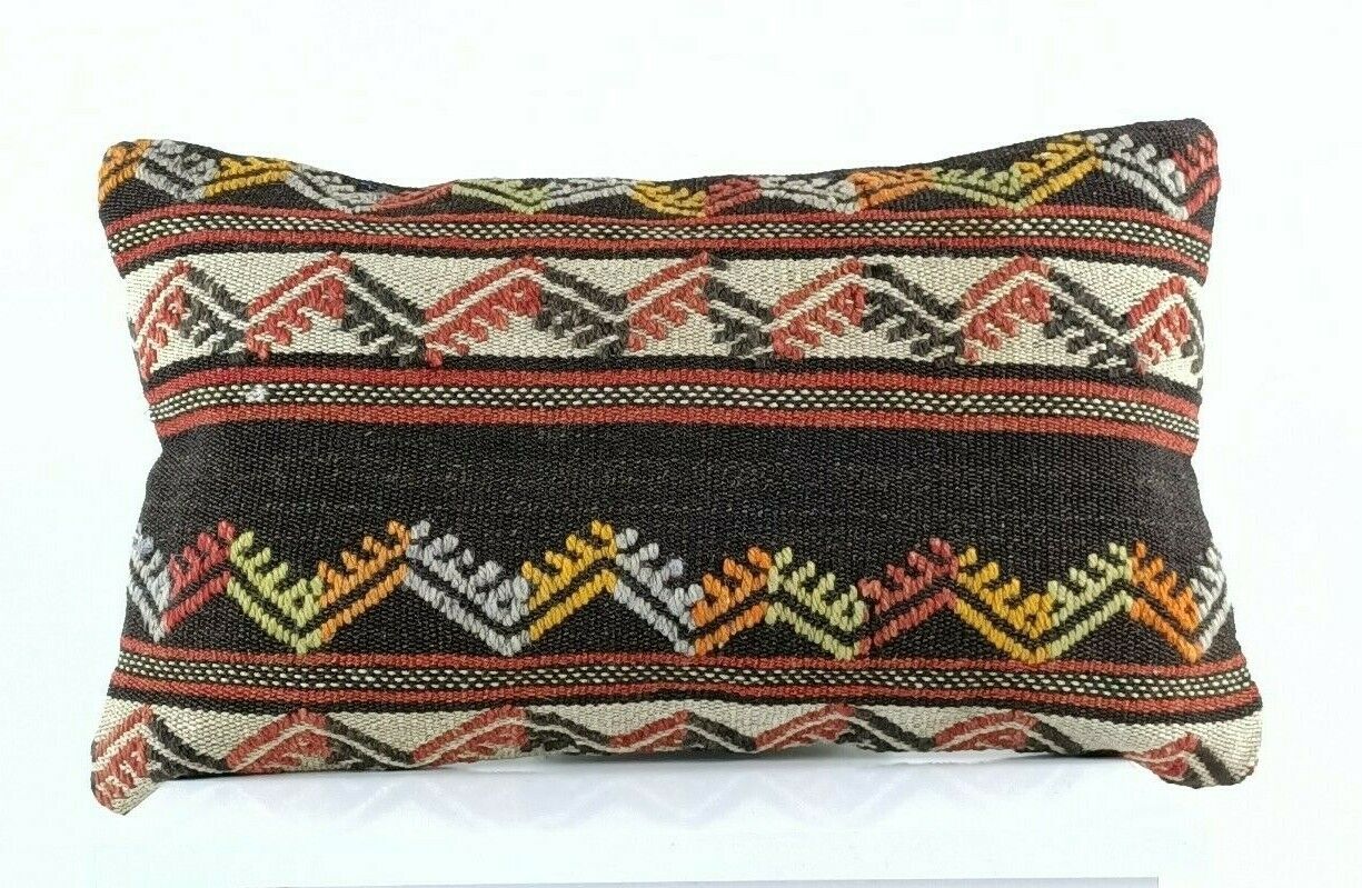 Kilim Pillow Cover 12x20 Handmade Turkish Rug Boho Ethnic Lumbar Cushion E1080