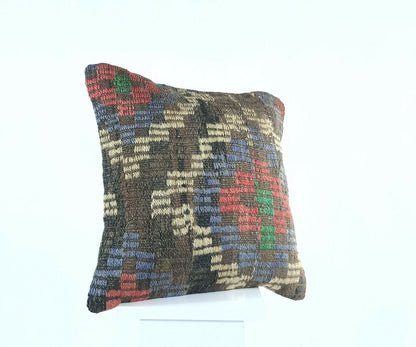 Kilim Pillow Cover 16x16 in Handmade Turkish Sofa Couch Wool Boho Cushion  A481