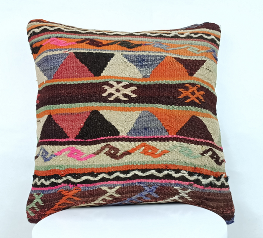 18x18 Kilim Pillow Cover Turkish Vintage Tribal Ethnic Wool Lumbar Cushion A380