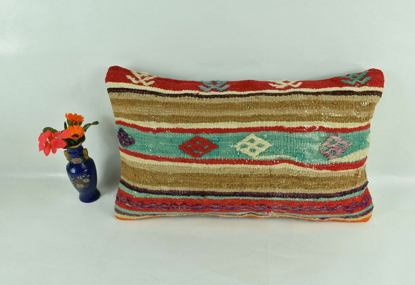 Kilim Pillow Cover 12x20 Turkish Handmade Vintage Couch Lumbar Cushion  A1794