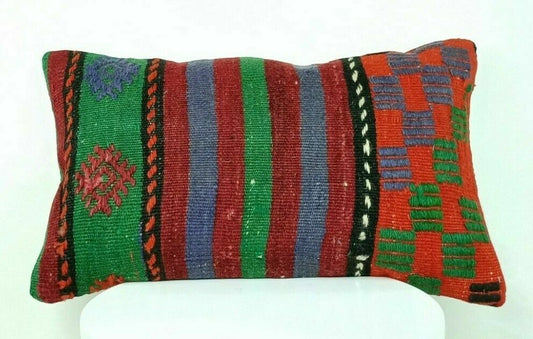 12x20 Kilim Lumbar Pillow Cover Handmade Traditional Oriental Wool Cushion E539