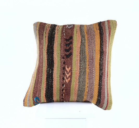 Kilim Pillow Cover 16x16 Anatolian Traditonal Wool Boho Sofa Lumbar Cushion A609