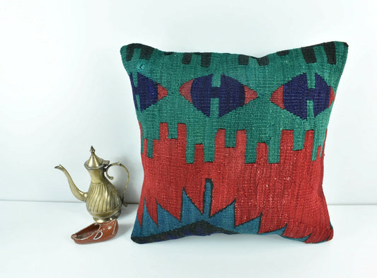  Kilim Pillow Cover 16x16 Decorative Vintage Handmade Bohemian Cushion A1656