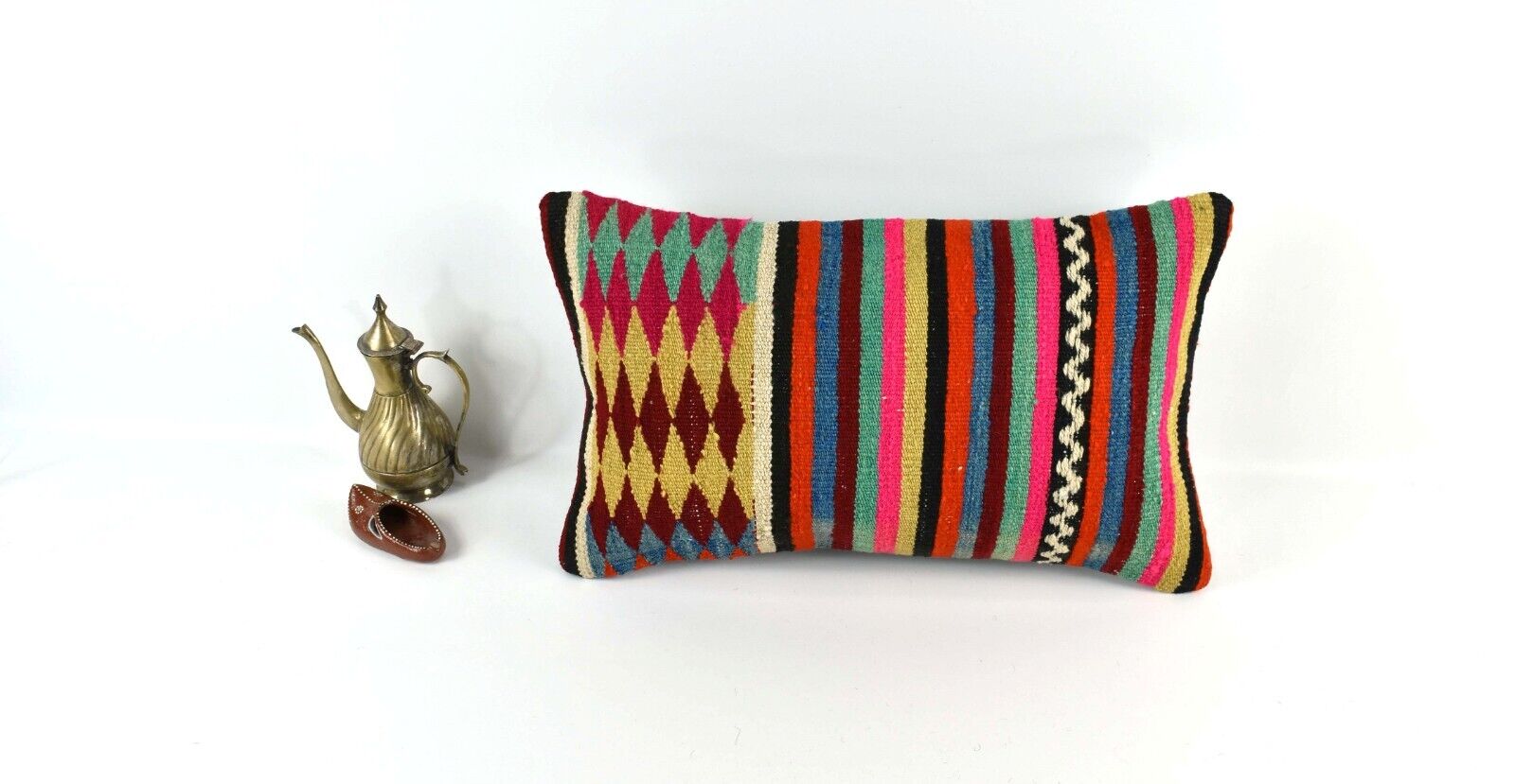 Kilim Pillow Cover 12x20 Handmade Turkish Rug Boho Ethnic Lumbar Cushion 3280