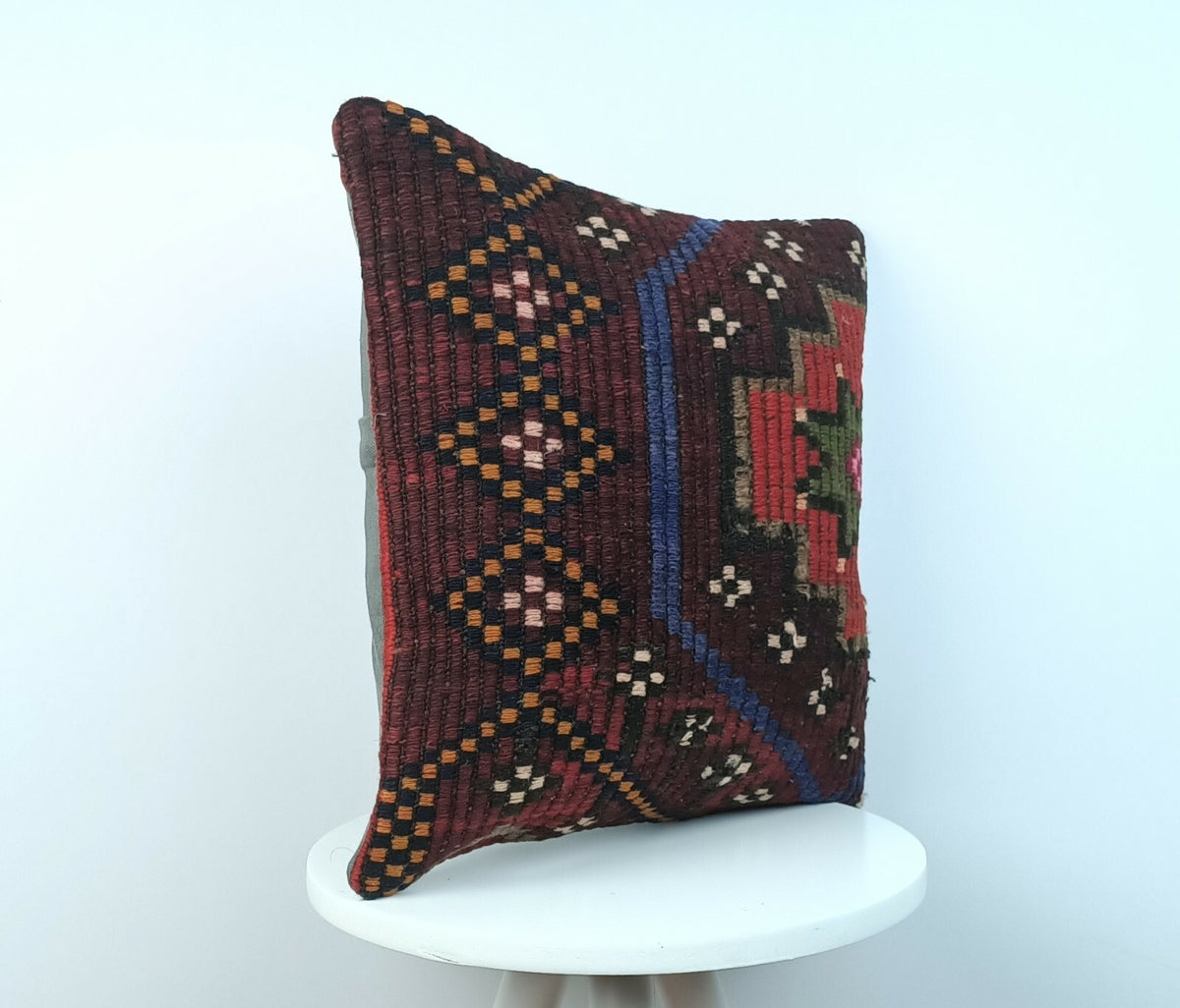 Handmade Turkish Kilim Pillow Cover 16x16 Vintage Rug Tribal Lumbar Cushion E180
