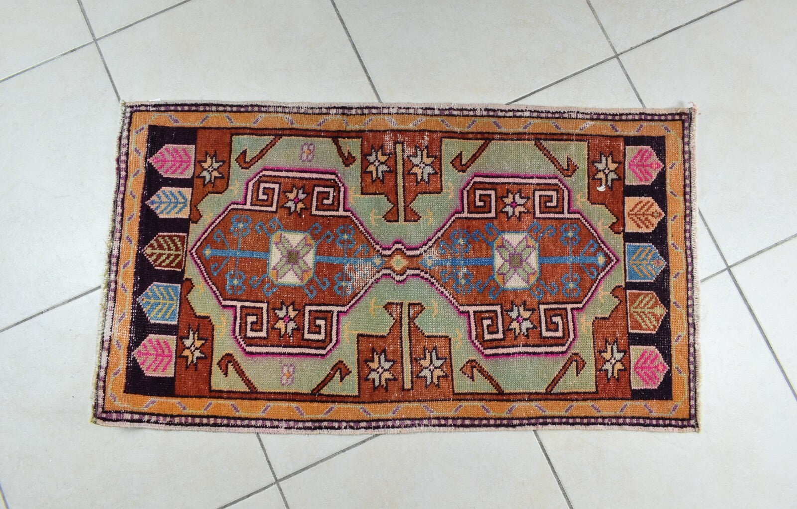 Turkish Runner 3.3x1.8 ft Vintage Small Rug Oushak Runner Anatolian Mini Rug Y62