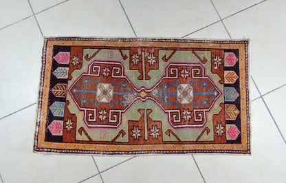Turkish Runner 3.3x1.8 ft Vintage Small Rug Oushak Runner Anatolian Mini Rug Y62