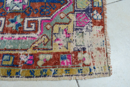 Turkish Runner 3.6x1.8 ft Vintage Small Rug Oushak Runner Anatolian Mini Rug Y61