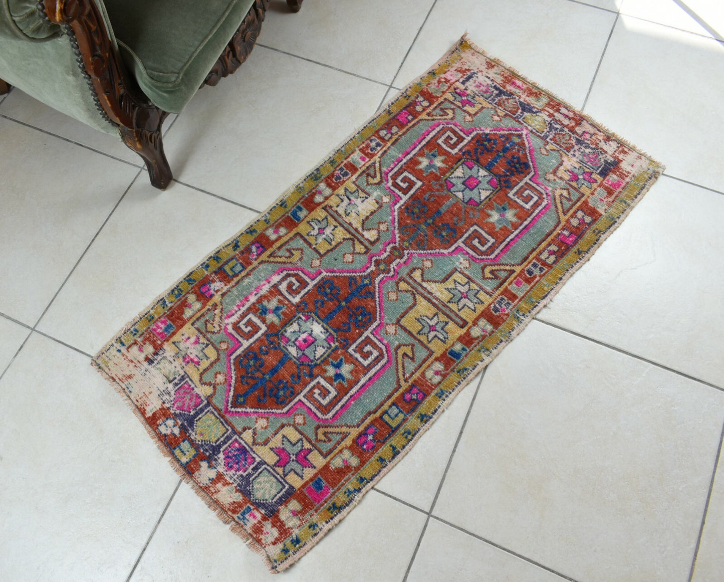 Turkish Runner 3.6x1.8 ft Vintage Small Rug Oushak Runner Anatolian Mini Rug Y61