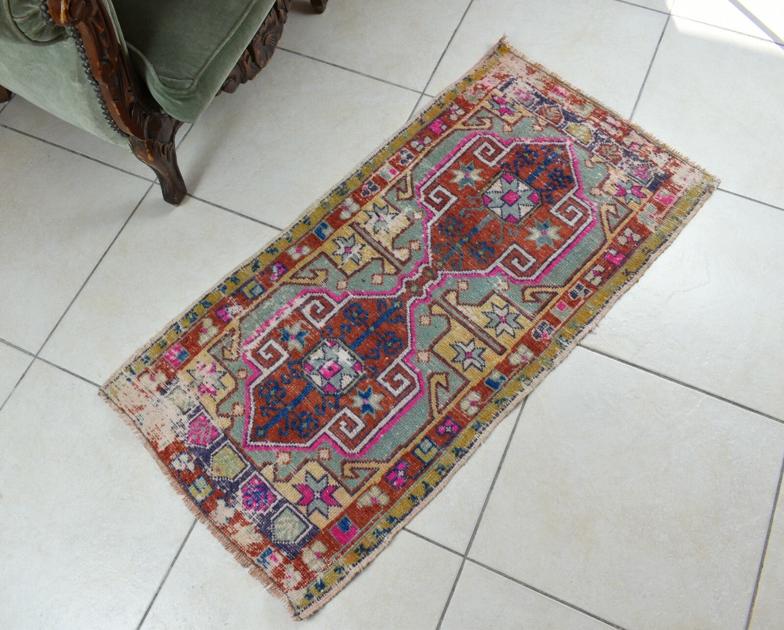 Turkish Runner 3.6x1.8 ft Vintage Small Rug Oushak Runner Anatolian Mini Rug Y61