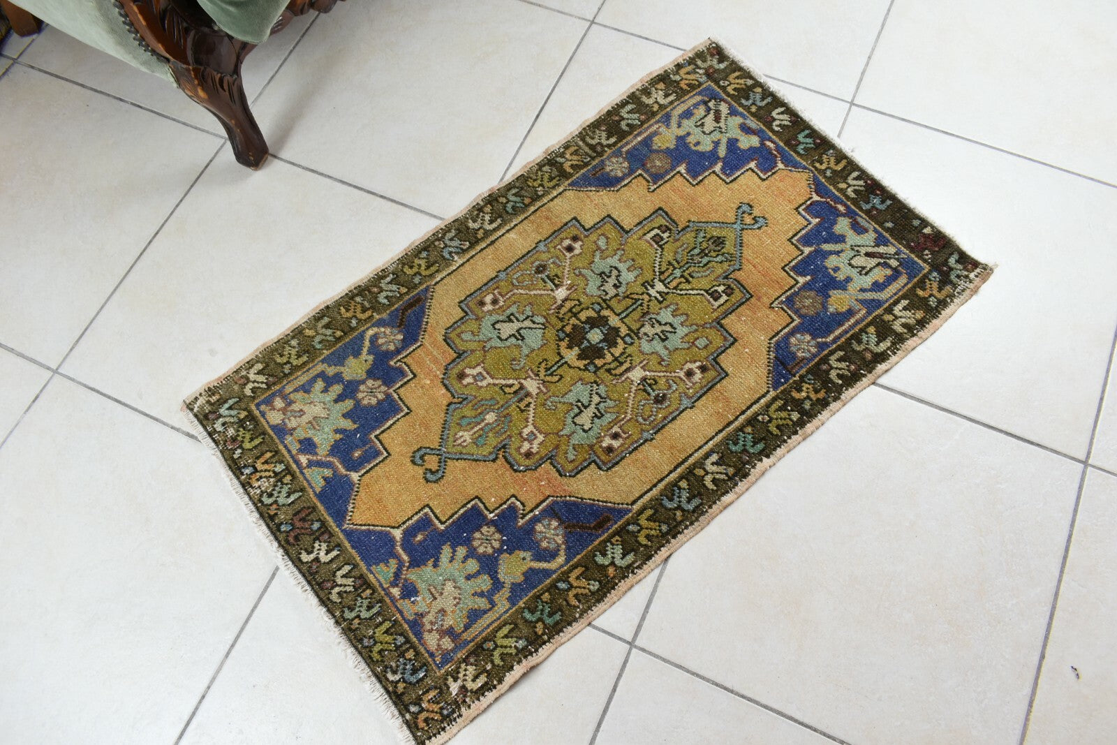 Turkish Runner 3.1x1.8 ft Vintage Small Rug Oushak Runner Anatolian Mini Rug Y60