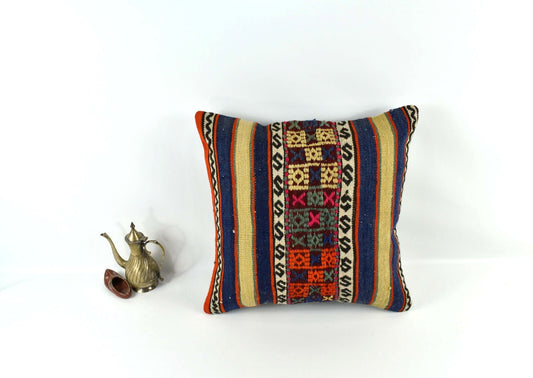 18"x18" Kilim Pillow Cover  Handmade Turkish Vintage Cushion Tribal Lumbar 3400