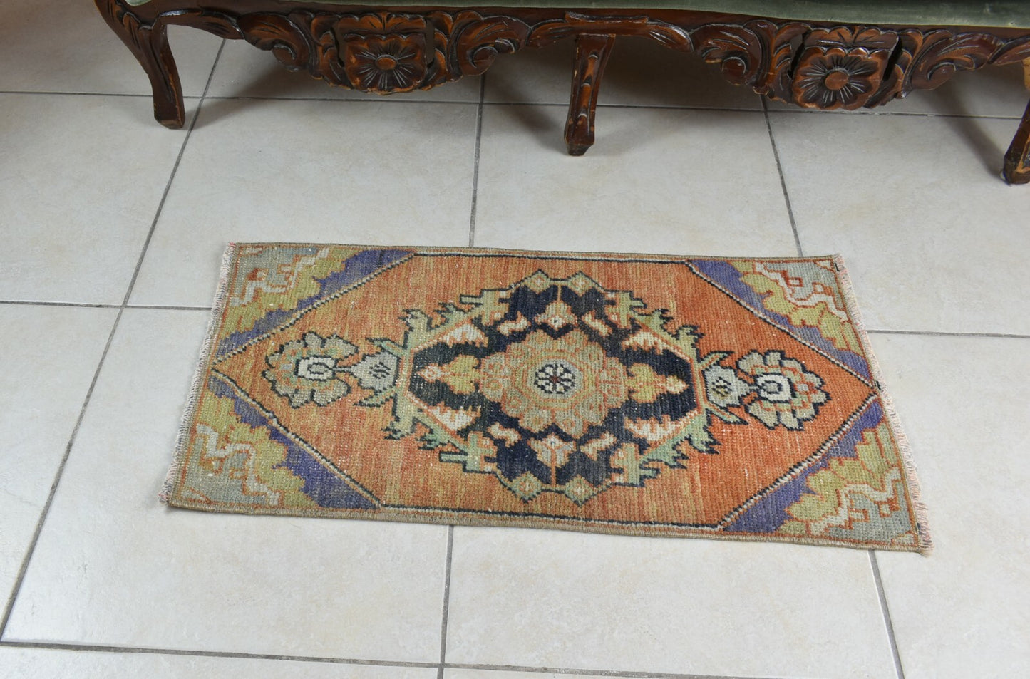 Vintage Runner 2.5x1.2 ft Mini Turkish Rug Oushak Runner Anatolian Runner Y96