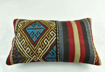 Kilim Pillow Cover 12x20 Turkish Handmade Vintage Couch Lumbar Cushion  A1800