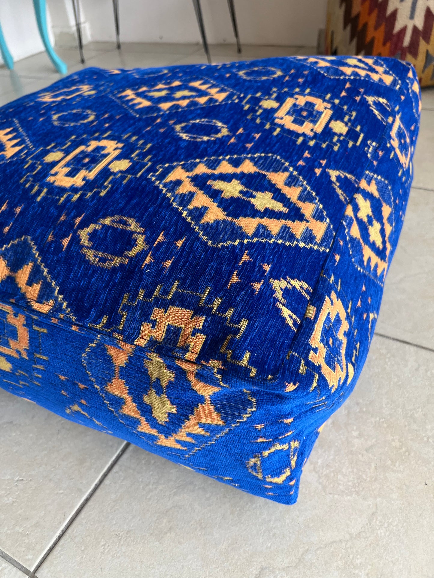 Kilim Patterned Pouf - Boho Tribal Outdoor Ottoman, Moroccan Floor Cushion, Footstool, Turkish Garden Pillow