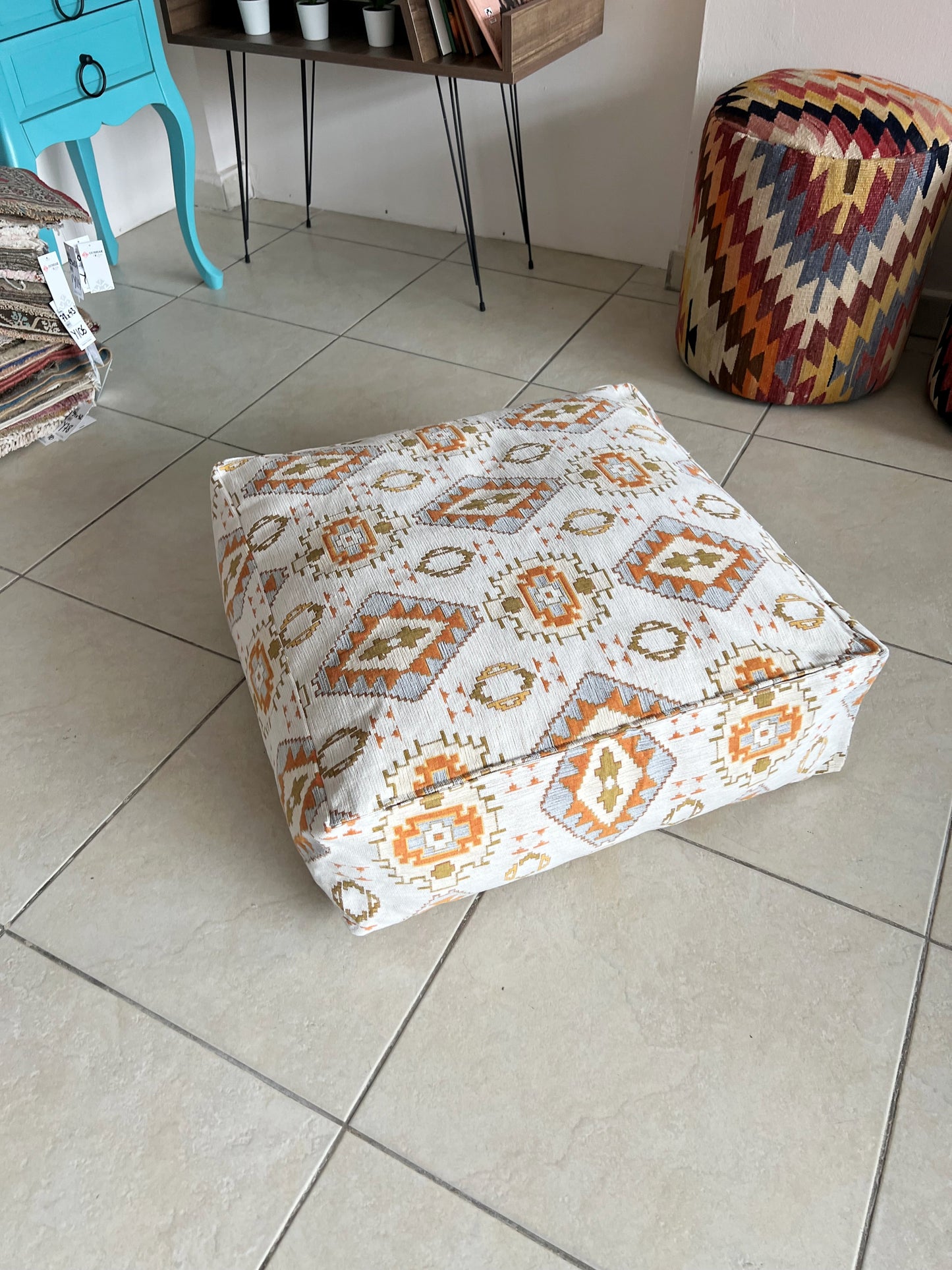 Kilim Patterned Pouf - Boho Tribal Outdoor Ottoman, Moroccan Floor Cushion, Footstool, Turkish Garden Pillow