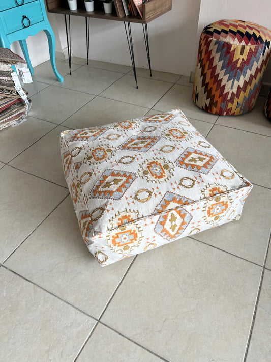 Kilim Patterned Pouf - Boho Tribal Outdoor Ottoman, Moroccan Floor Cushion, Footstool, Turkish Garden Pillow