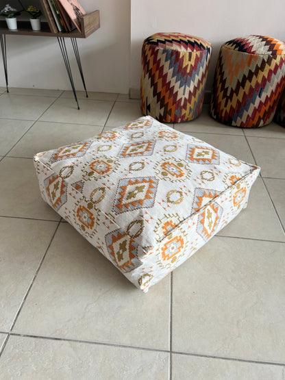 Kilim Patterned Pouf - Boho Tribal Outdoor Ottoman, Moroccan Floor Cushion, Footstool, Turkish Garden Pillow