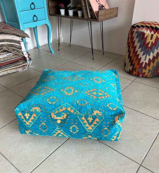 Kilim Patterned Pouf - Boho Tribal Outdoor Ottoman, Moroccan Floor Cushion, Footstool, Turkish Garden Pillow