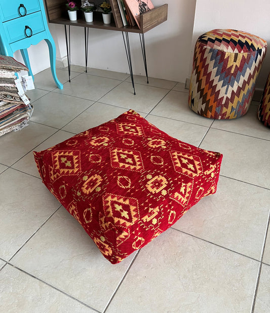 Kilim Patterned Pouf - Boho Tribal Outdoor Ottoman, Moroccan Floor Cushion, Footstool, Turkish Garden Pillow