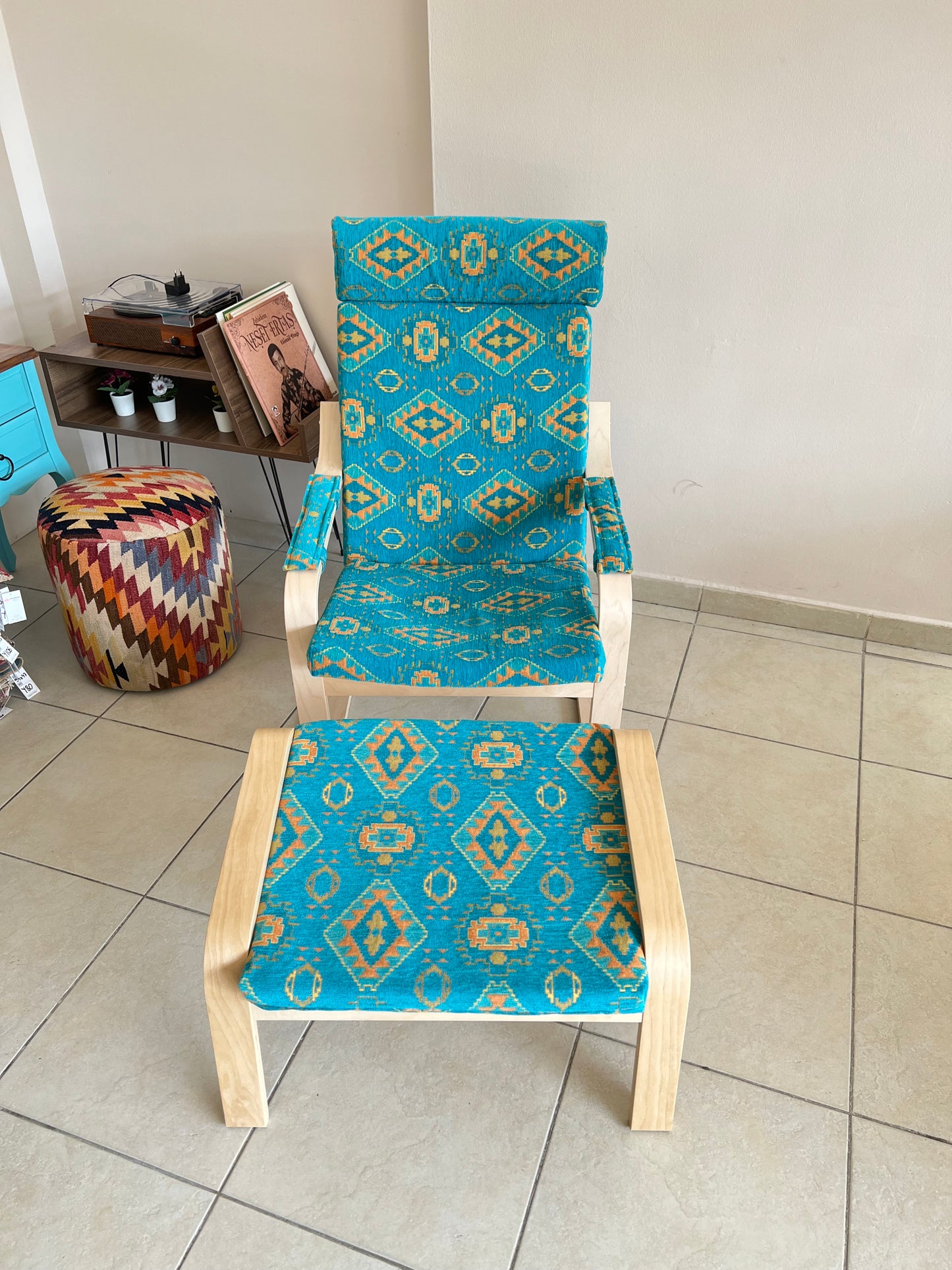 Kilim Designed Poang Armchair Slipcover with Footstool & Armrest Pads - Ethnic Pattern Seat Cover for Ikea Poäng