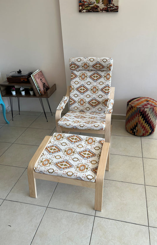 Kilim Designed Poang Armchair Slipcover with Footstool & Armrest Pads - Ethnic Pattern Seat Cover for Ikea Poäng