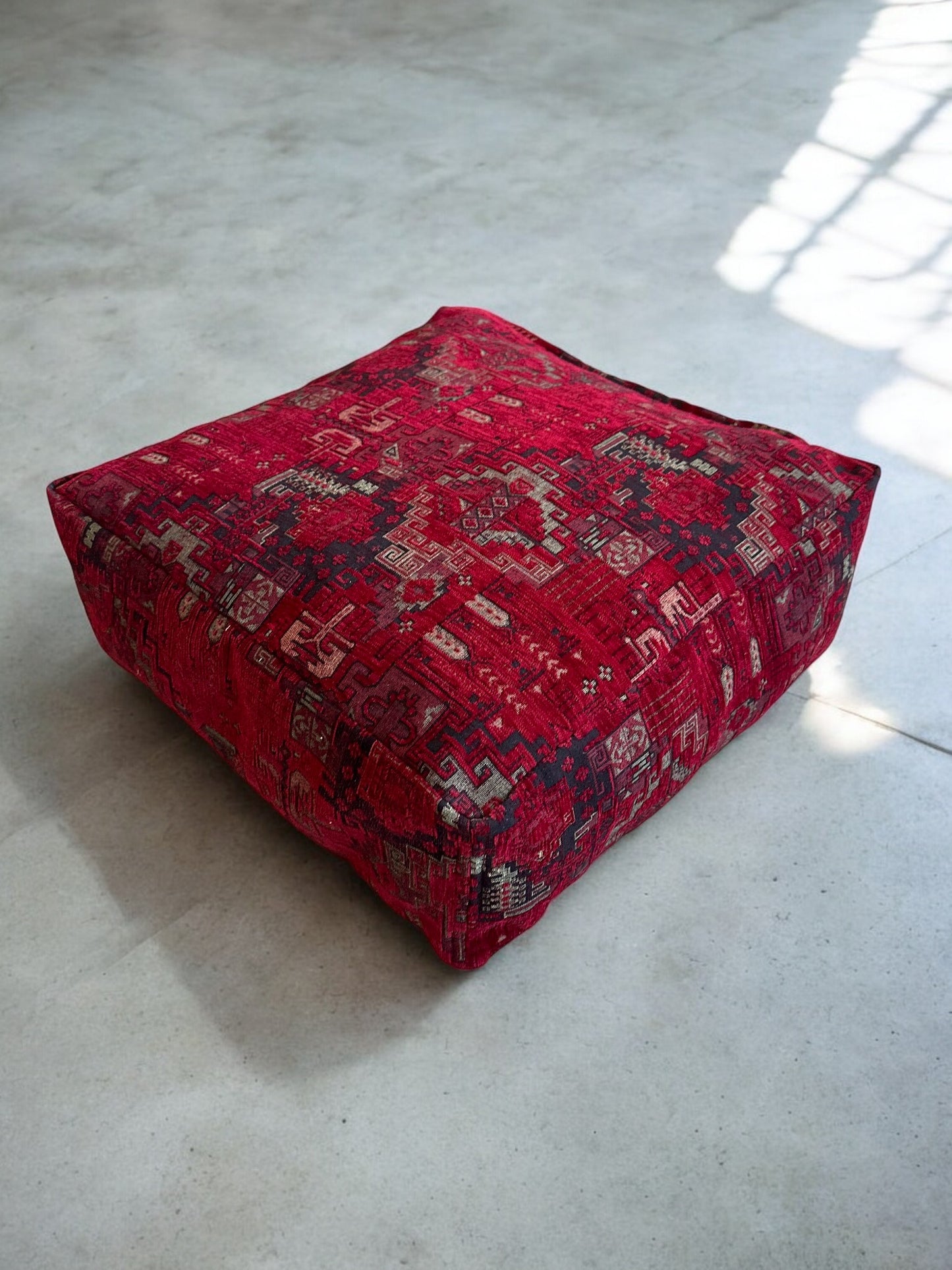 Kilim Patterned Pouf - Boho Tribal Outdoor Ottoman, Moroccan Floor Cushion, Footstool, Turkish Garden Pillow