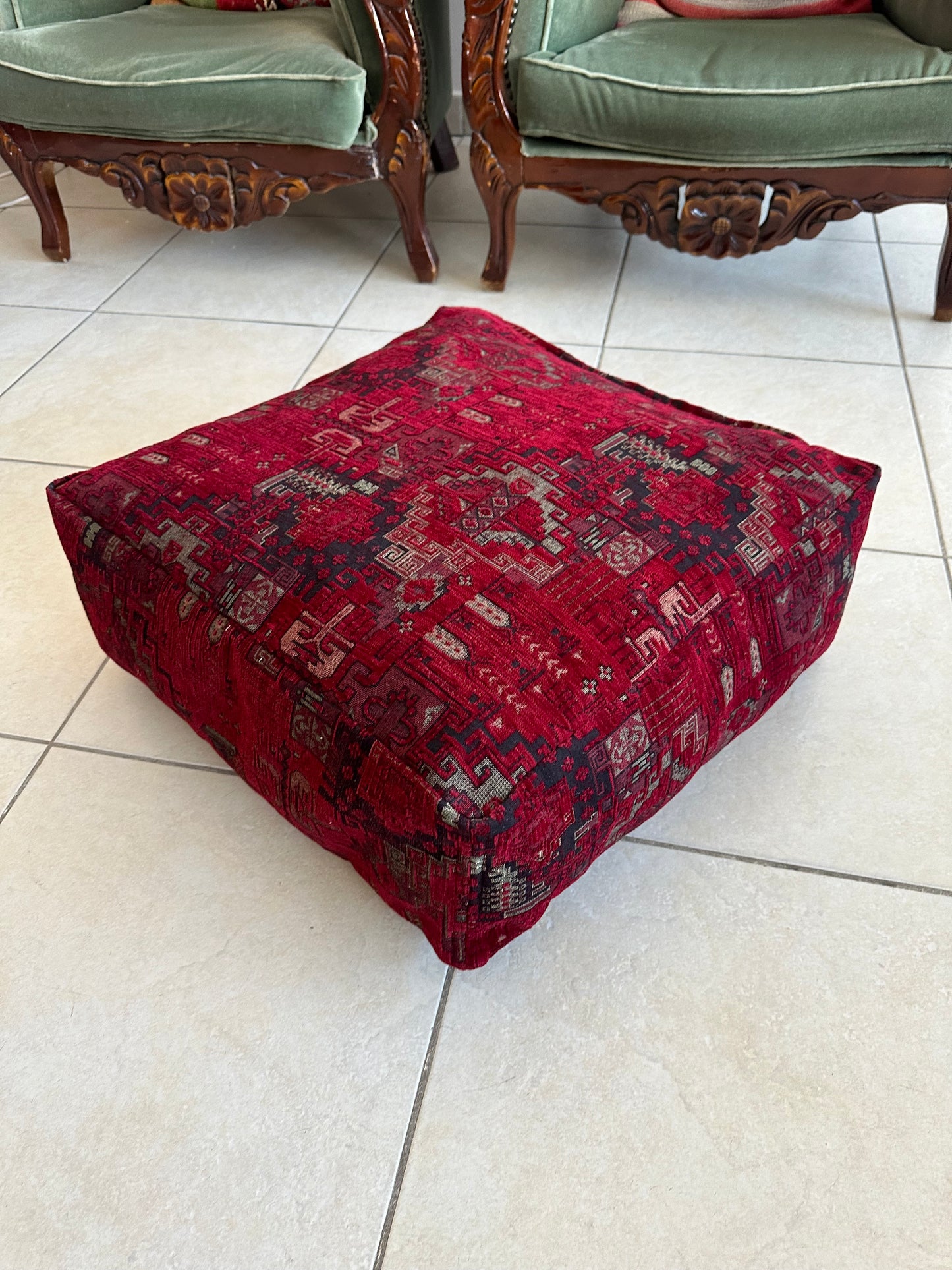 Kilim Patterned Pouf - Boho Tribal Outdoor Ottoman, Moroccan Floor Cushion, Footstool, Turkish Garden Pillow