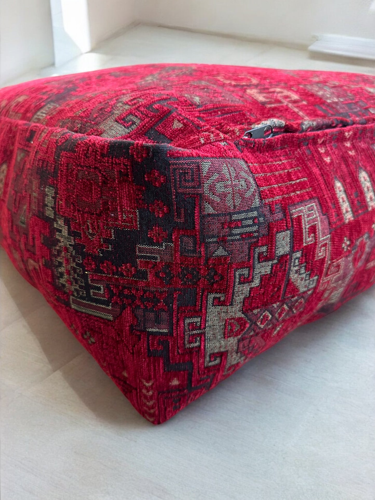 Kilim Patterned Pouf - Boho Tribal Outdoor Ottoman, Moroccan Floor Cushion, Footstool, Turkish Garden Pillow