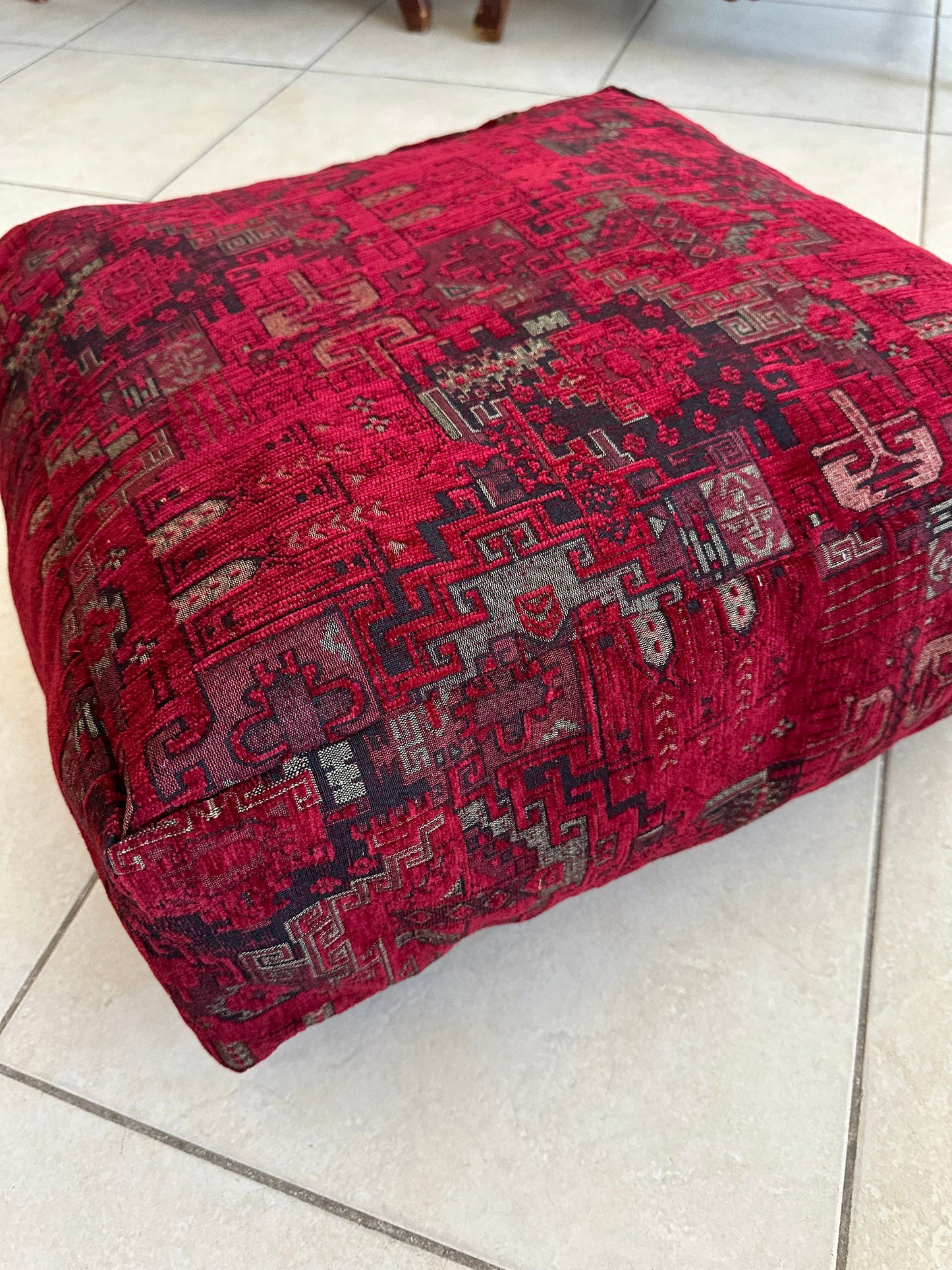 Kilim Patterned Pouf - Boho Tribal Outdoor Ottoman, Moroccan Floor Cushion, Footstool, Turkish Garden Pillow