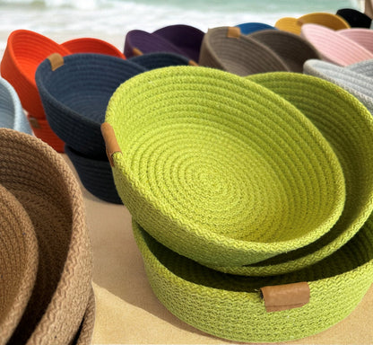 Set of 3 Cotton Rope Bowls - Oval & Round Storage Baskets, Colorful Rope Organizer for Home Décor