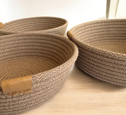 Set of 3 Round Cotton Rope Bowls - Storage Baskets and Rope Organizers for Home Décor
