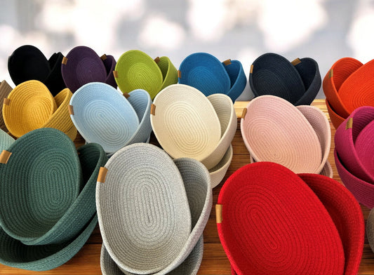 Set of 3 Cotton Rope Bowls - Oval & Round Storage Baskets, Colorful Rope Organizer for Home Décor