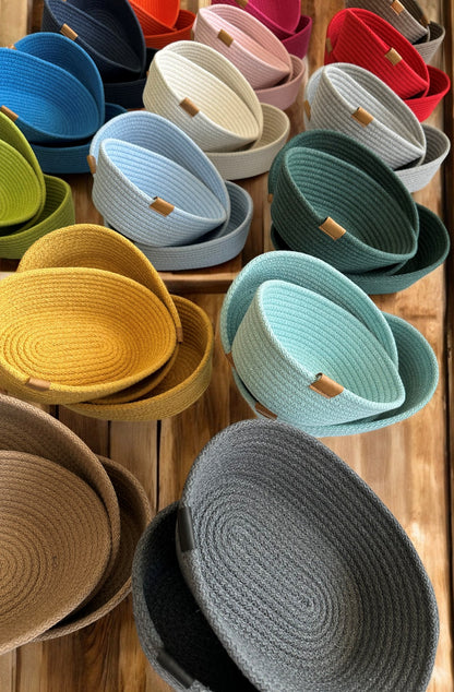 Set of 3 Cotton Rope Bowls - Oval & Round Storage Baskets, Colorful Rope Organizer for Home Décor