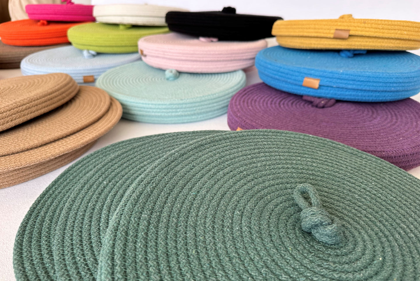 Set of 6 Cotton Rope Placemats with Lidded Basket - 13" Custom Size Colorful Dining Table Mats, Decorative Table Set