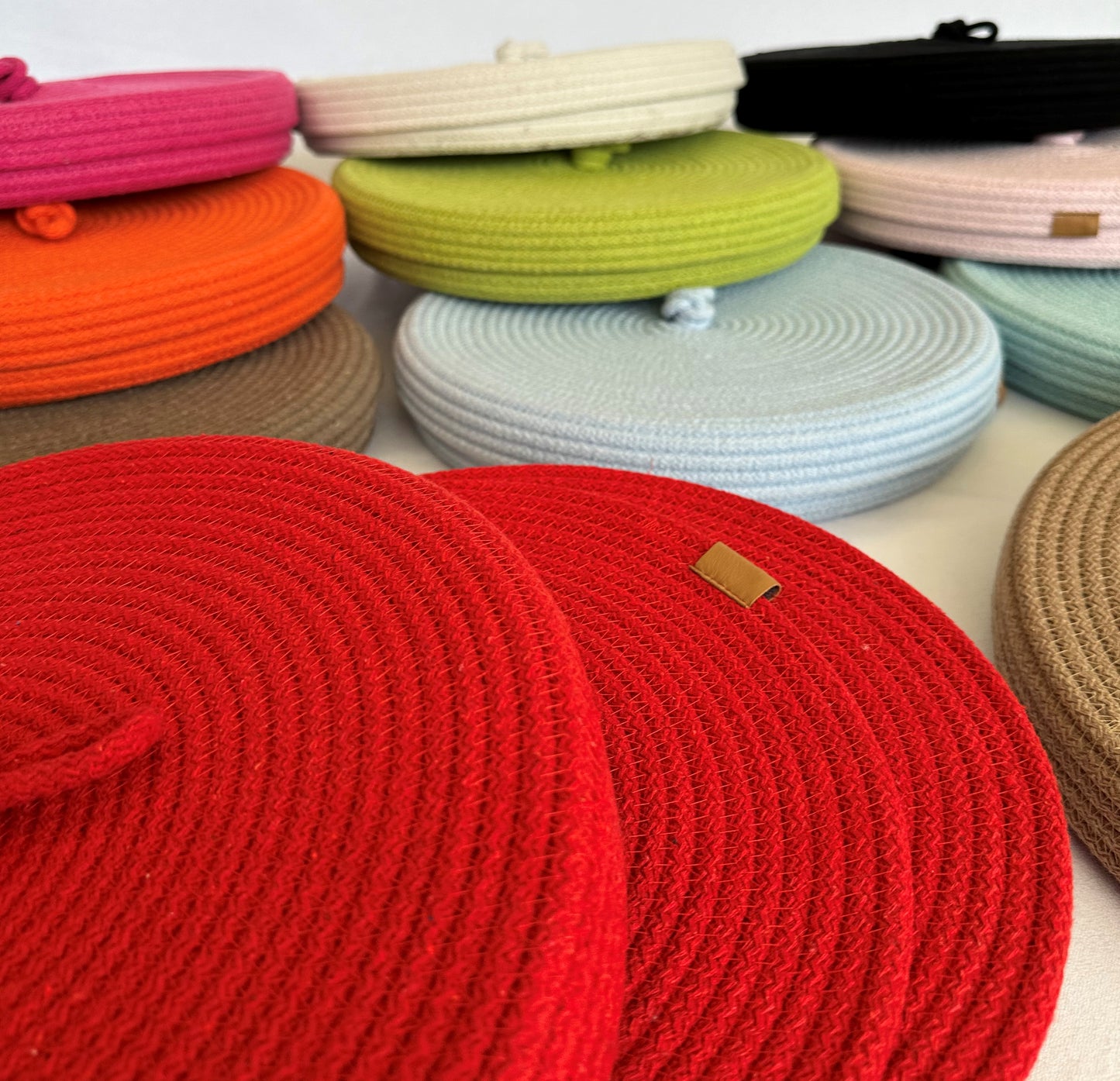 Set of 6 Cotton Rope Placemats with Lidded Basket - 13" Custom Size Colorful Dining Table Mats, Decorative Table Set